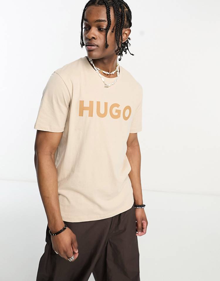 HUGO Dulivio boyfriend fit large logo t-shirt in light beige